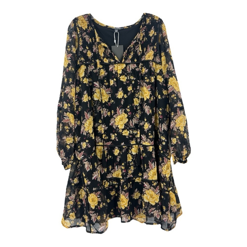 NWT’S Laurel Gray Tiered Yellow & Black Floral Swing Mini Dress SZ L